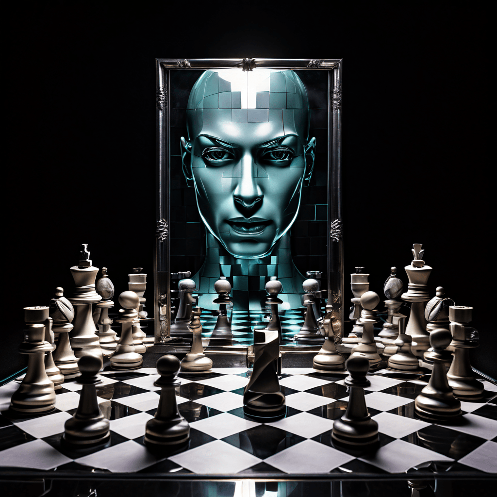 체스판 위의 거울로 만들어진 말들이 자신감 넘치는 인간의 얼굴을 반사하며, 자기표현이 계산된 전략적 행위임을 상징적으로 보여주는 이미지입니다.
