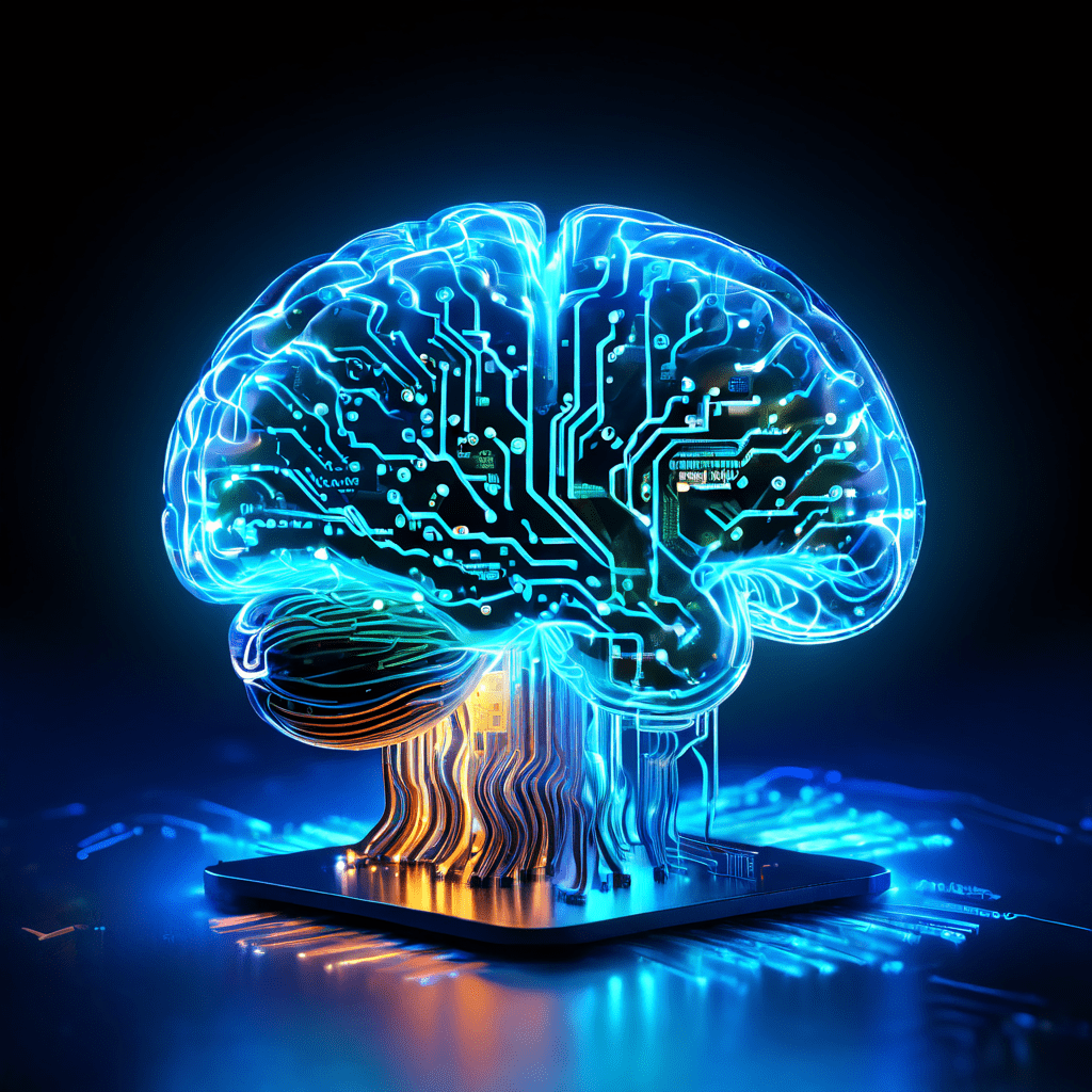 인공지능의 학습 과정을 상징적으로 표현한 이미지로, 회로판 형태의 빛나는 뇌에서 데이터와 트렌딩 영상 썸네일이 신경망을 따라 흐르며 정보를 처리하는 모습을 보여줍니다.