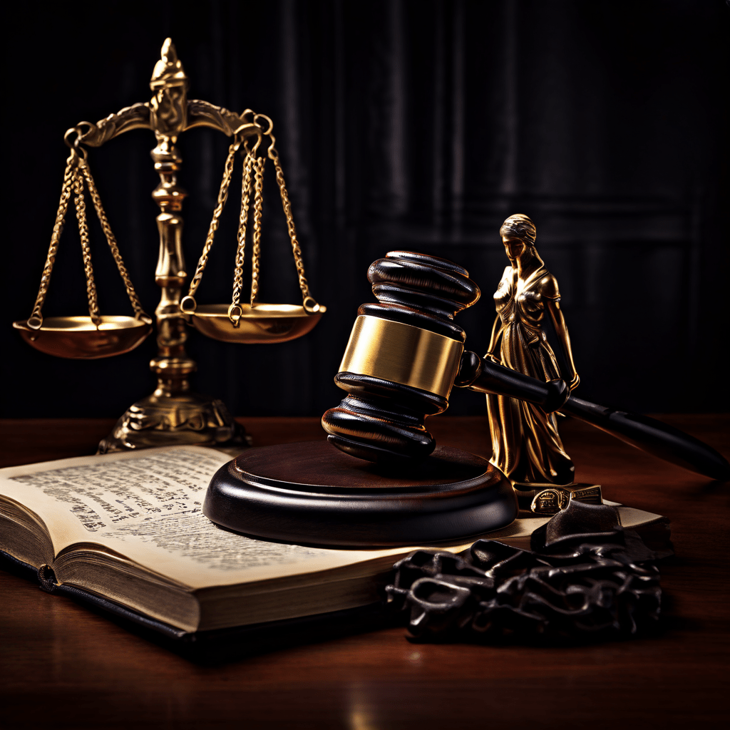 법률 서적 위에 놓인 법봉과 저울 앞에 수갑을 찬 어두운 실루엣의 인물들이 서 있는 모습이다.