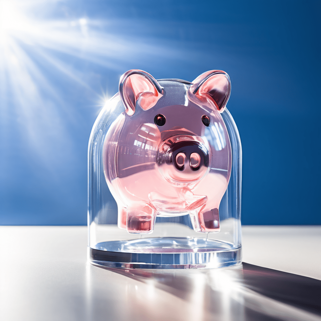 투명한 유리 돼지 저금통 안에 신분증이 보이고, 그 아래 법률 문서가 놓여 있으며 빛을 받아 선명한 그림자가 드리워진 모습이다.