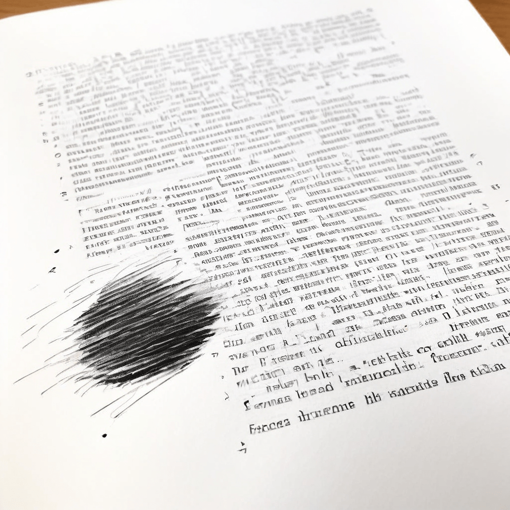 하얀 문서에 찍힌 검은 지문이 글자를 번지게 하며 긴 그림자를 드리운 모습이다.