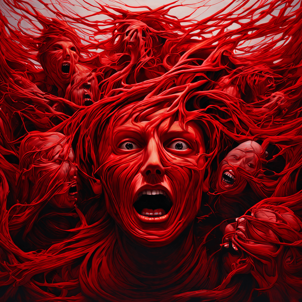 군중 속 왜곡된 얼굴들이 정상에서 광기 어린 표정으로 변하며, 맥동하는 붉은 영향력의 실로 연결된 소용돌이 같은 장면을 표현한 초현실적 이미지입니다.