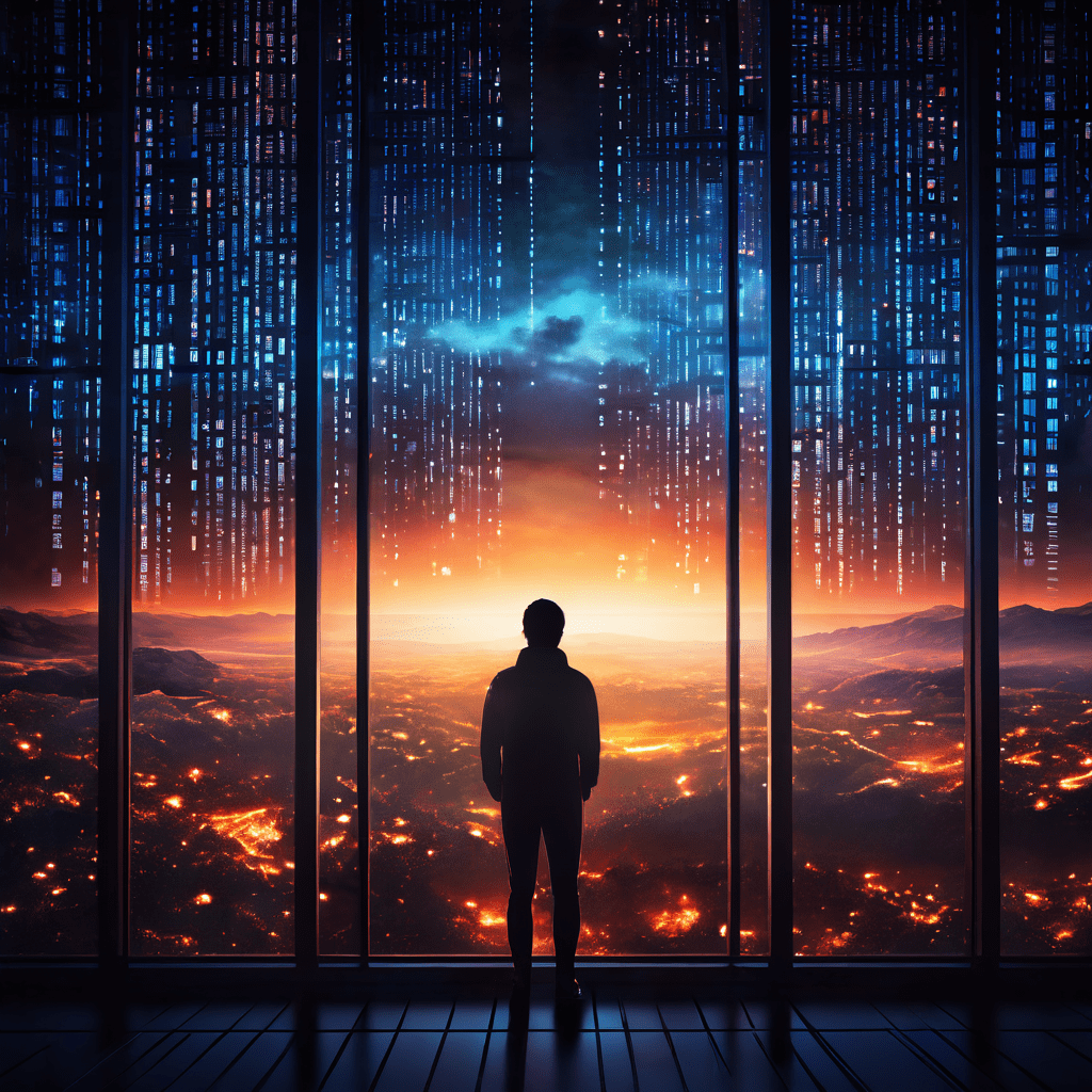 디지털 감옥에 갇힌 인간이 스크롤되는 이진 코드와 데이터 흐름 속에서 흐릿하게 보이는 자연 세계를 바라보는 모습을 상징적으로 표현한 이미지입니다.
