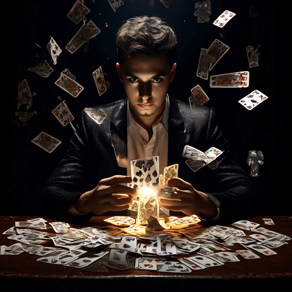 열쇠구멍으로 엿보는 숨겨진 시선과 스포트라이트를 받는 공연자가 흩어진 카드 위에서 맞닿는 이미지로, 관찰과 노출의 경계를 상징하는 시각적 메타포를 보여줍니다.