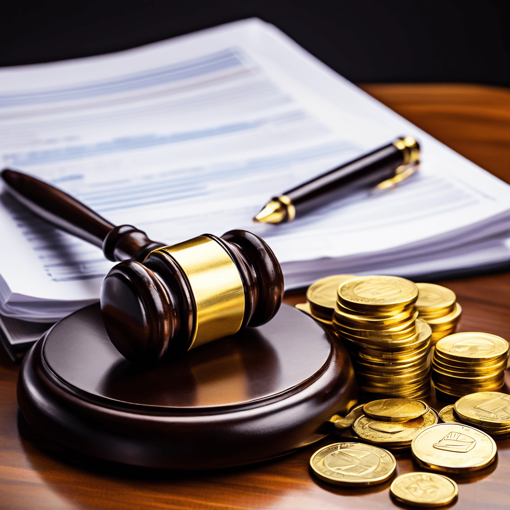 법관의 소지품인 법봉이 동전 더미와 서류 위에 놓여 있고, 큰 화살표가 동전에서 단순한 지갑을 가리키며 부당 이득의 환수를 상징합니다.