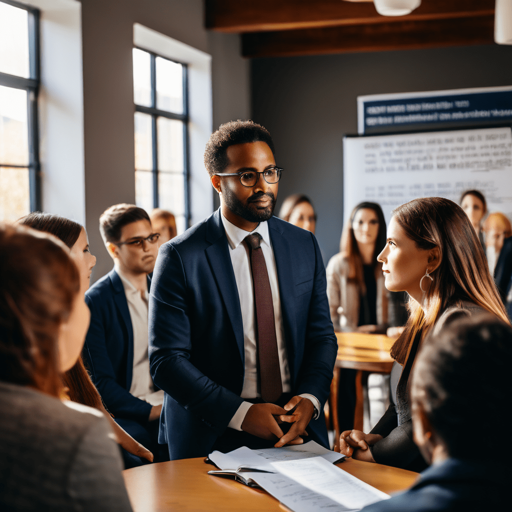 커뮤니티 센터에서 변호사가 다양한 참석자에게 법률 지원 단체에 대해 설명하는 모습이다.