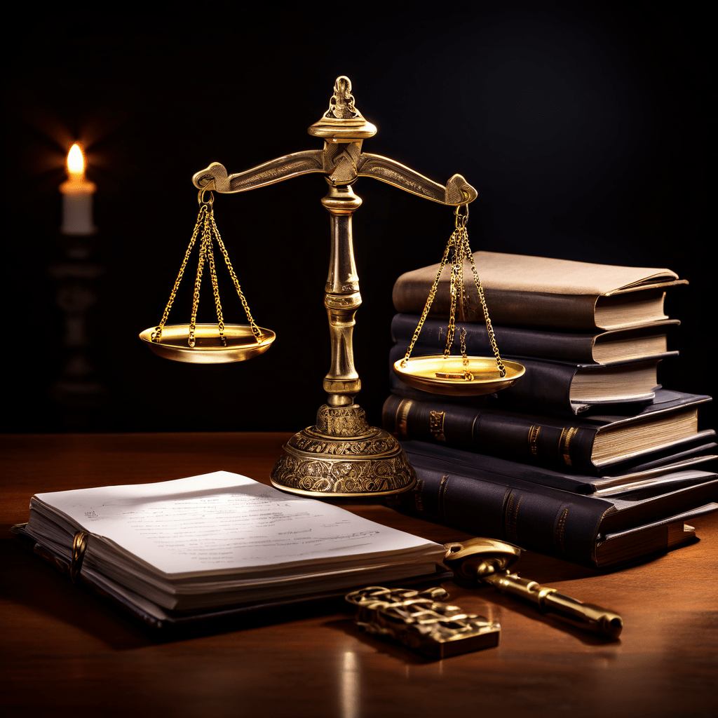 빛나는 열쇠와 문서 더미가 양팔 저울 위에 올려진 모습이다.