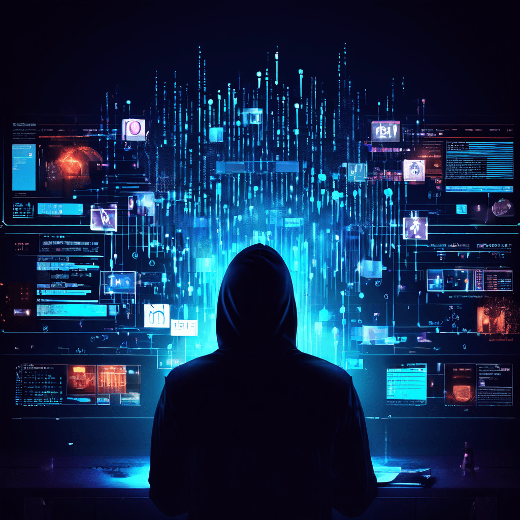 디지털 바이러스가 사용자 프로필을 감염시켜 화면 전체로 오류 데이터와 부정적 아이콘이 확산되는 사이버 보안 위협 상황을 묘사한 이미지입니다.