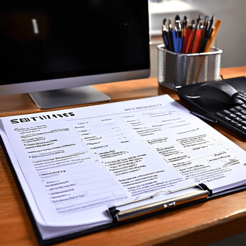 컴퓨터 옆 책상 위에 놓인 설정 및 환경 점검표로 평가 기준 항목과 강조 표시된 경고 섹션이 포함되어 있습니다.