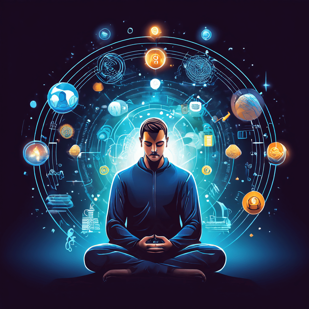 명상에 잠긴 사람의 주변을 문제와 해결책을 상징하는 디지털 아이콘이 맴도는 모습으로, 내면의 평화 속에서 고민을 정리하고 통찰을 얻는 심리적 과정을 시각화한 이미지입니다.