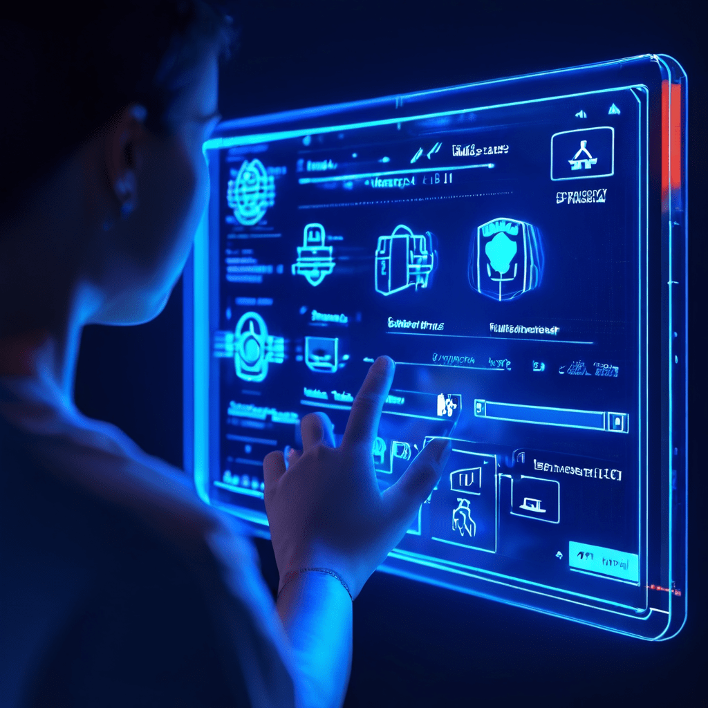 사용자의 손이 직관적인 아이콘과 안내를 따라 올바른 인증 버튼을 누르는 과정을 보여주는 빛나는 보안 인터페이스 화면입니다.
