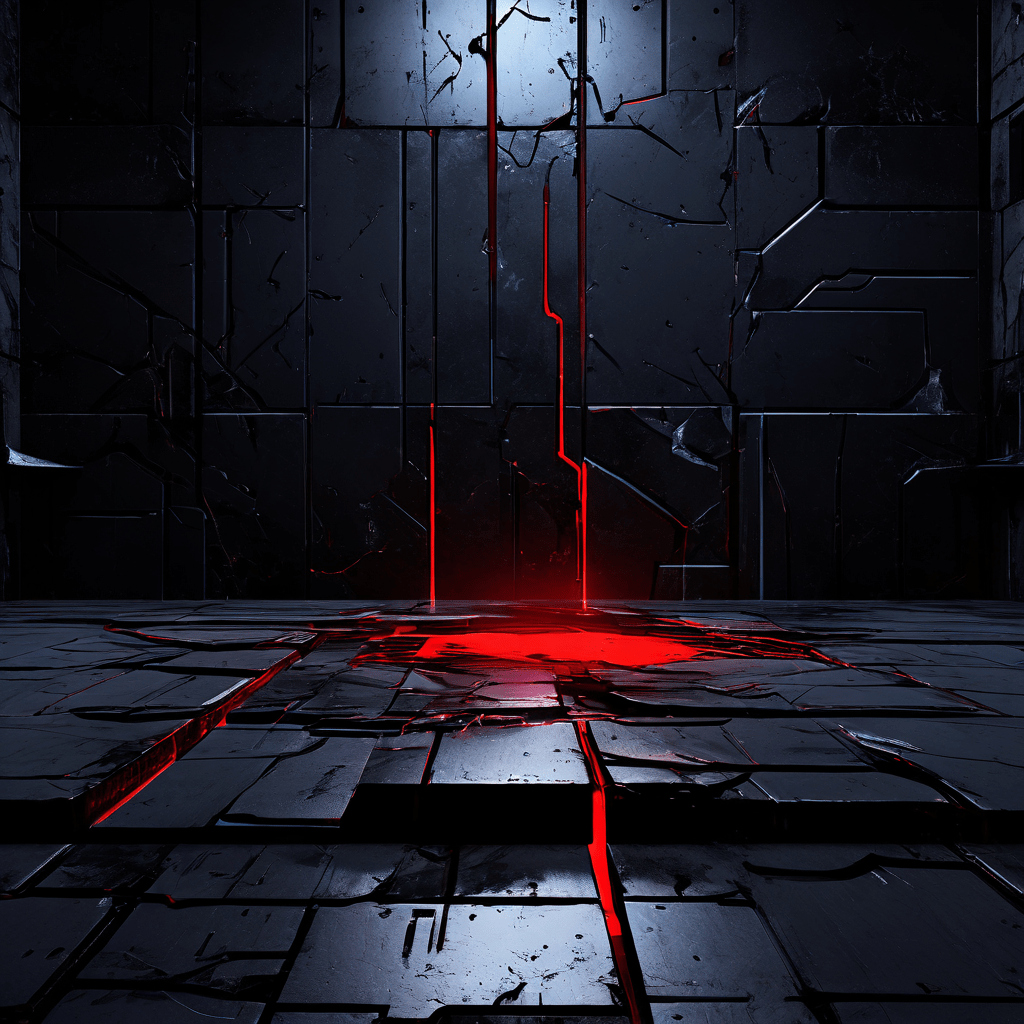 미래지향적인 제어판의 경고등이 은은하게 깜빡이는 가운데, 매끄러운 현대적 표면이 균열과 디지털 오류로 손상되어 기술의 취약성과 시스템 오작동 가능성을 시각적으로 보여주는 이미지입니다.