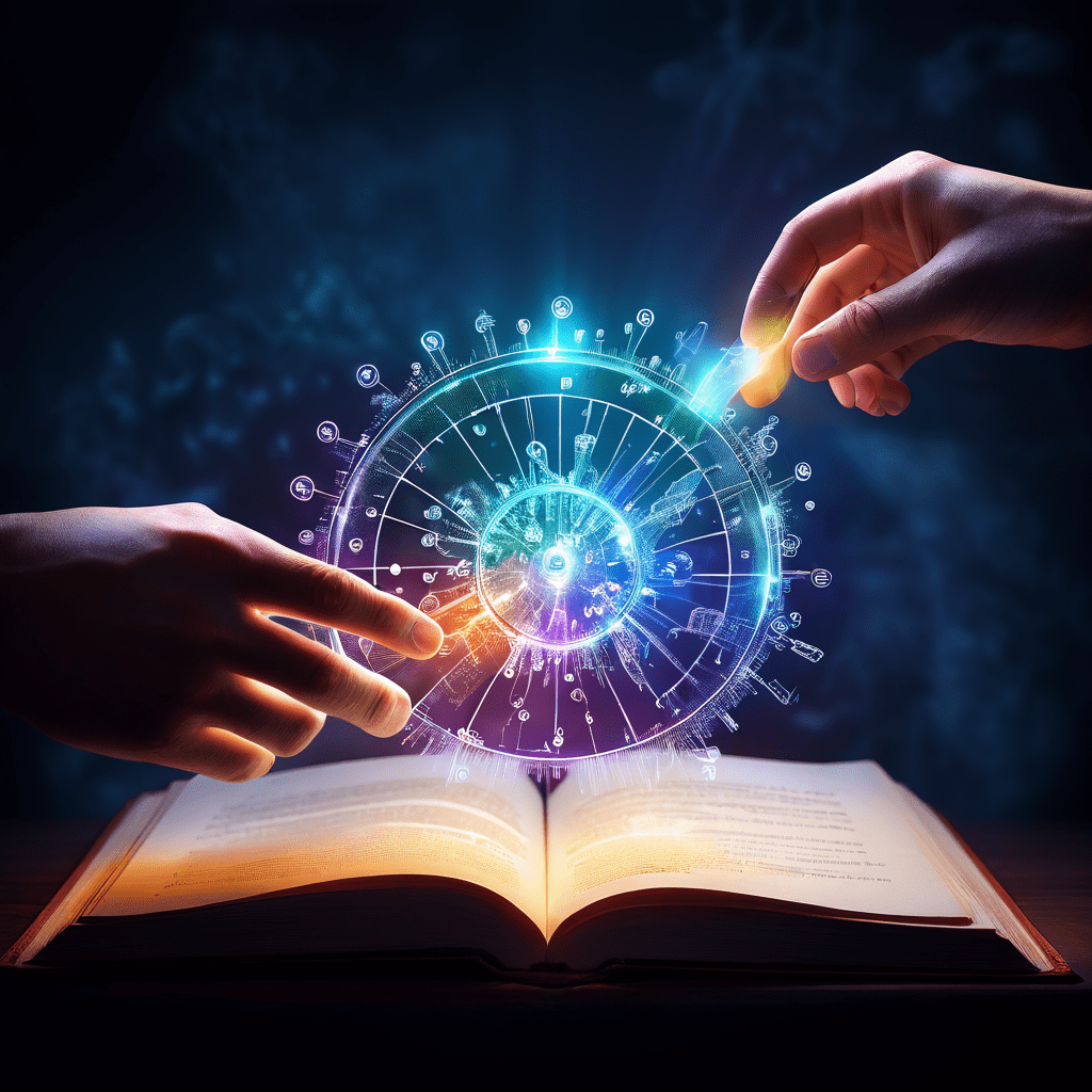 과학적 이론에서 실천적 적용으로의 전환을 상징적으로 표현한 이미지로, 관찰 기록이 적힌 책 페이지에서 뻗어 나온 손이 빛나는 기어를 잡고 있는 모습을 묘사하고 있습니다.
