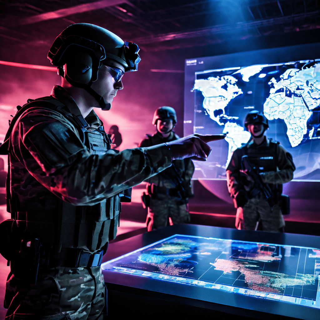 전술 장비를 착용한 병사들이 장비를 점검하는 가운데, 지휘관이 홀로그램 전술 지도에 표시된 작전 분석 결과를 집중적으로 지시하고 있는 상황을 묘사합니다.