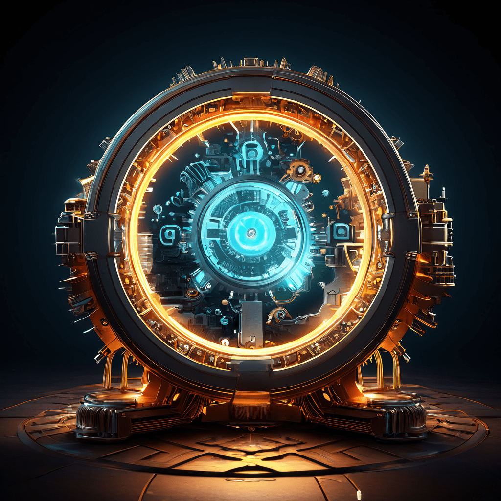 복잡하게 빛나는 기어 시스템 위에 마우스 포인터를 닮은 돋보기가 위치해 특정 부분을 확대하며, 해당 영역에는 소프트웨어 업데이트 표시가 선명하게 강조되어 있습니다.