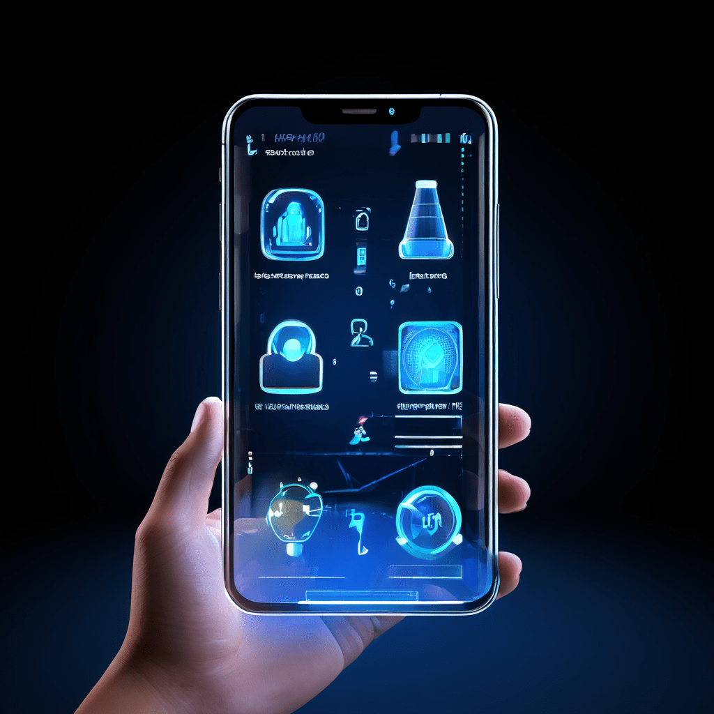 투명한 유리 스마트폰 화면에 배치된 직관적인 아이콘들을 1인칭 시점으로 바라보며, 편리하고 접근성 높은 디지털 상호작용의 개념을 상징적으로 표현한 이미지입니다.