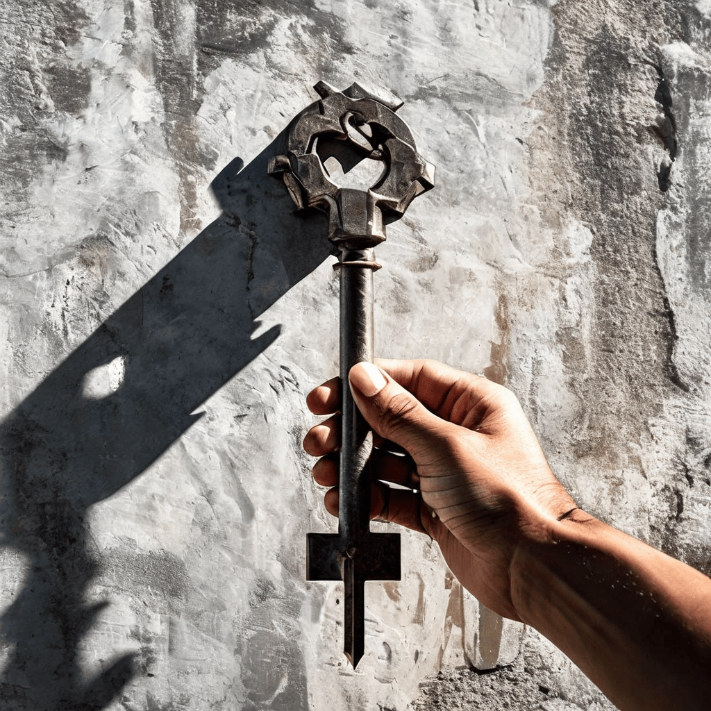 인간의 손에 들린 날카로운 금속 기어가 콘크리트 벽에 열쇠 모양의 뚜렷한 긴 그림자를 드리우며 기술과 해결의 상징적 연결을 형성하는 모습입니다.