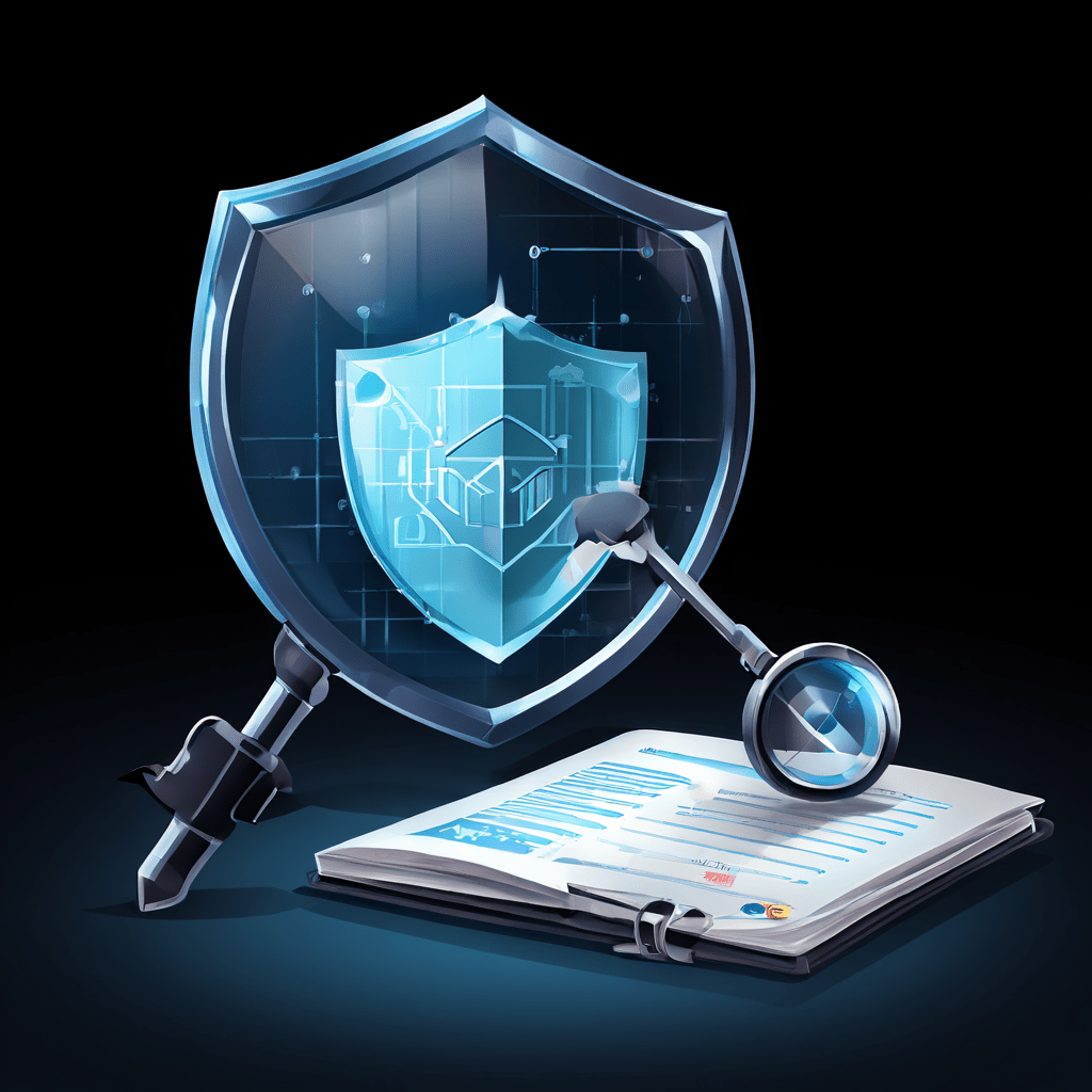 보안 프로토콜 점검 목록을 확대경으로 검사하는 방패 아이콘과 문서가 표현된 이미지로, 시스템 보안 점검과 데이터 보호 절차를 상징적으로 나타냅니다.