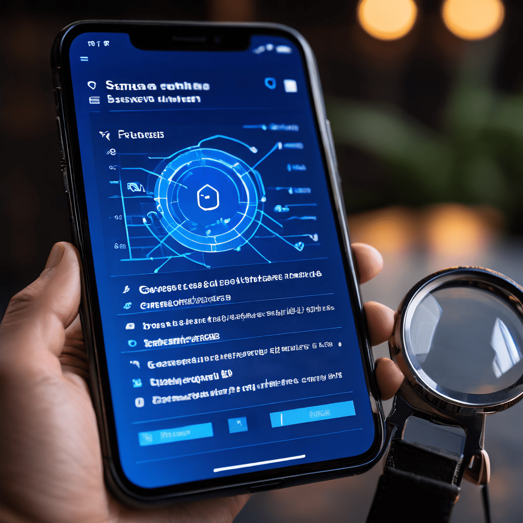 스마트폰 화면에서 복잡한 보안 설문 항목을 확대경으로 집중적으로 살펴보는 모습을 상세히 보여주는 이미지입니다.