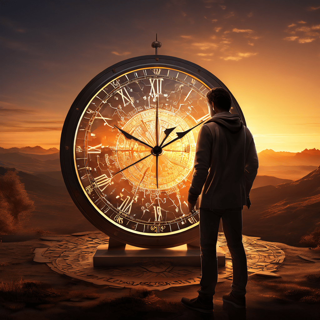 태양광과 디지털 기술을 활용한 시간 측정 방식을 비교하는 이미지로, 세계 지도에 표시된 일조 구역과 함께 태양계와 현대식 시계가 나란히 배치되어 있습니다.