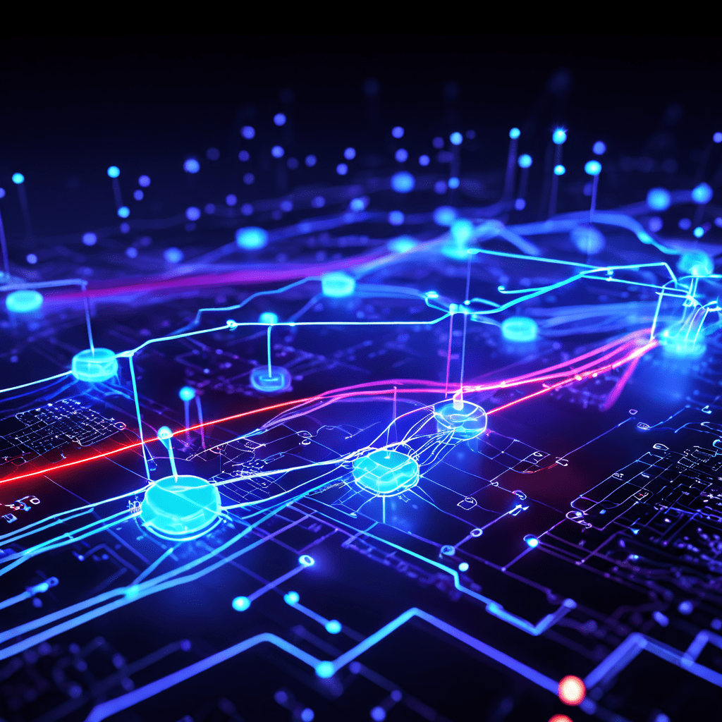 두 개의 분리된 게임 영역을 연결하는 디지털 위젯이 데이터 스트림과 연결 프로토콜을 빛나는 선과 노드로 시각화하여 게임 간 상호 운용성을 구현하는 모습을 보여줍니다.