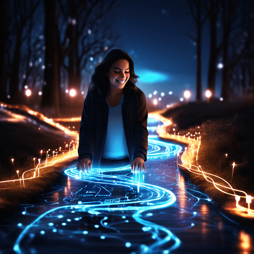 사용자가 직관적인 인터페이스를 편리하게 조작하며, 연결된 기기에서 뻗어 나온 빛나는 디지털 경로가 원활한 사용자 경험과 기술의 접근성을 상징적으로 표현하고 있습니다.