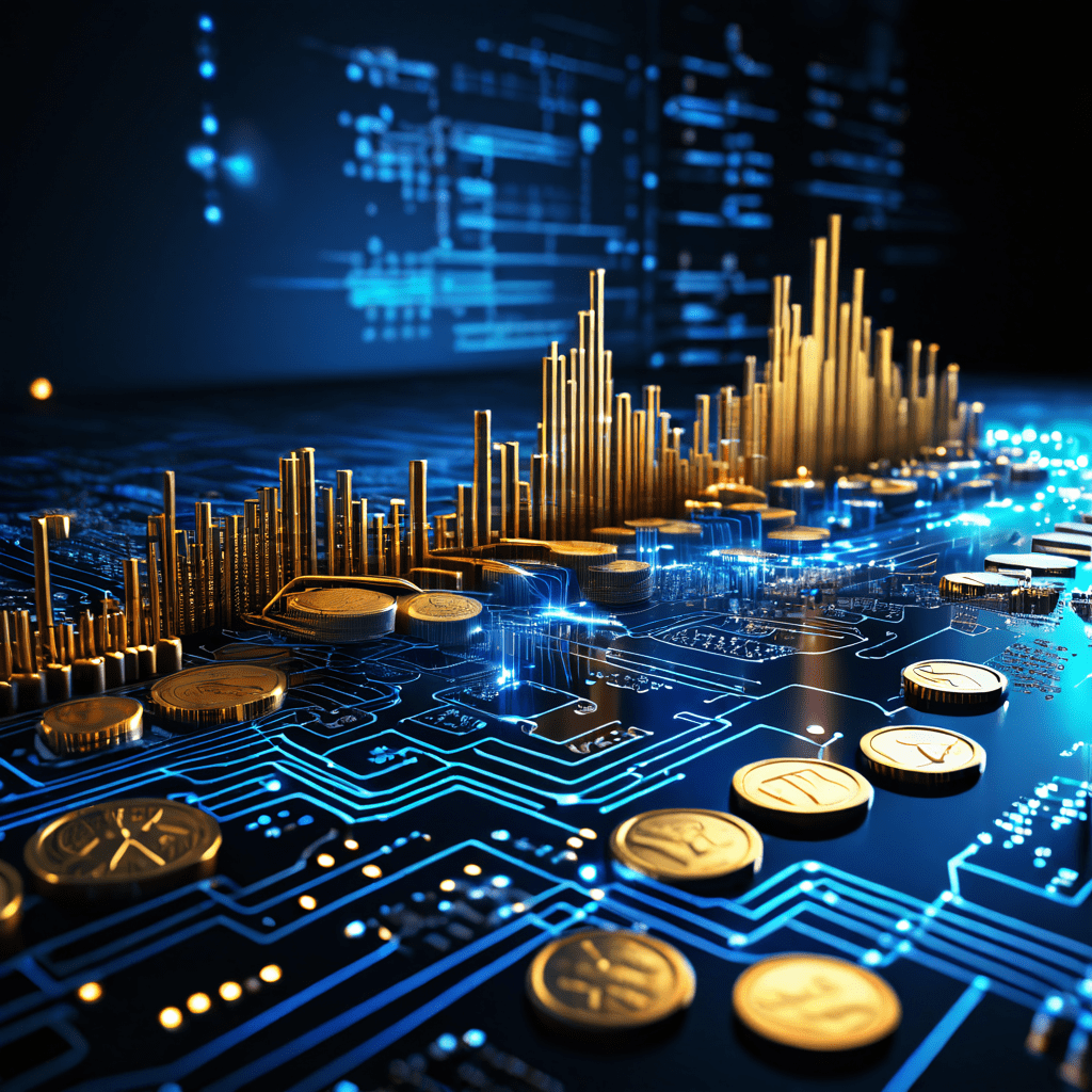 금화가 흐르는 강이 디지털 회로판으로 유입되며 데이터 스트림과 그래프가 두 시스템 간의 연결을 시각적으로 표현한 금융 기술 융합 개념 이미지입니다.