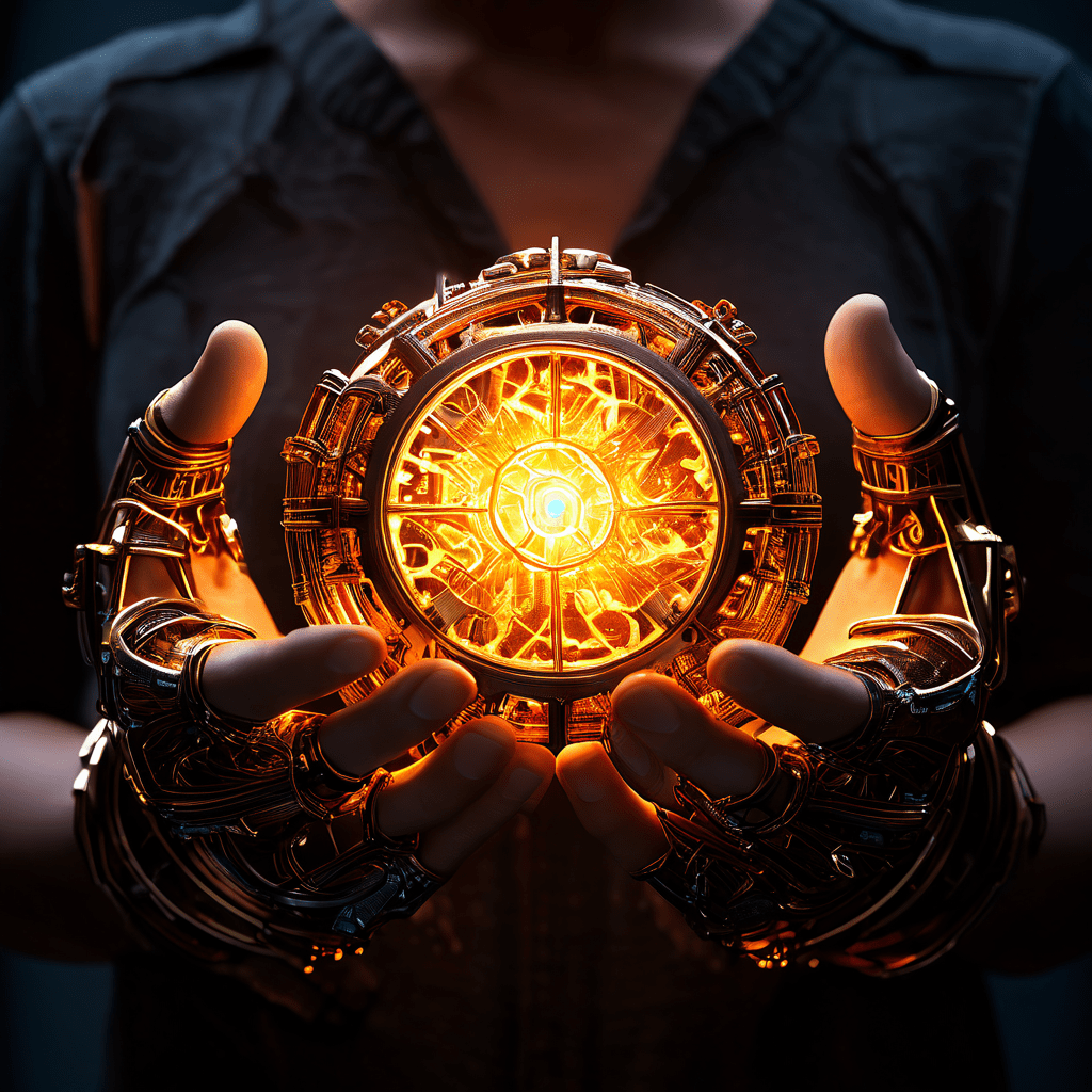 기술의 정교함과 인간의 온정이 결합된 모습을 상징하며, 따뜻한 인간의 손에 감싸인 복잡하고 빛나는 기계의 핵심 장치를 담은 이미지입니다.