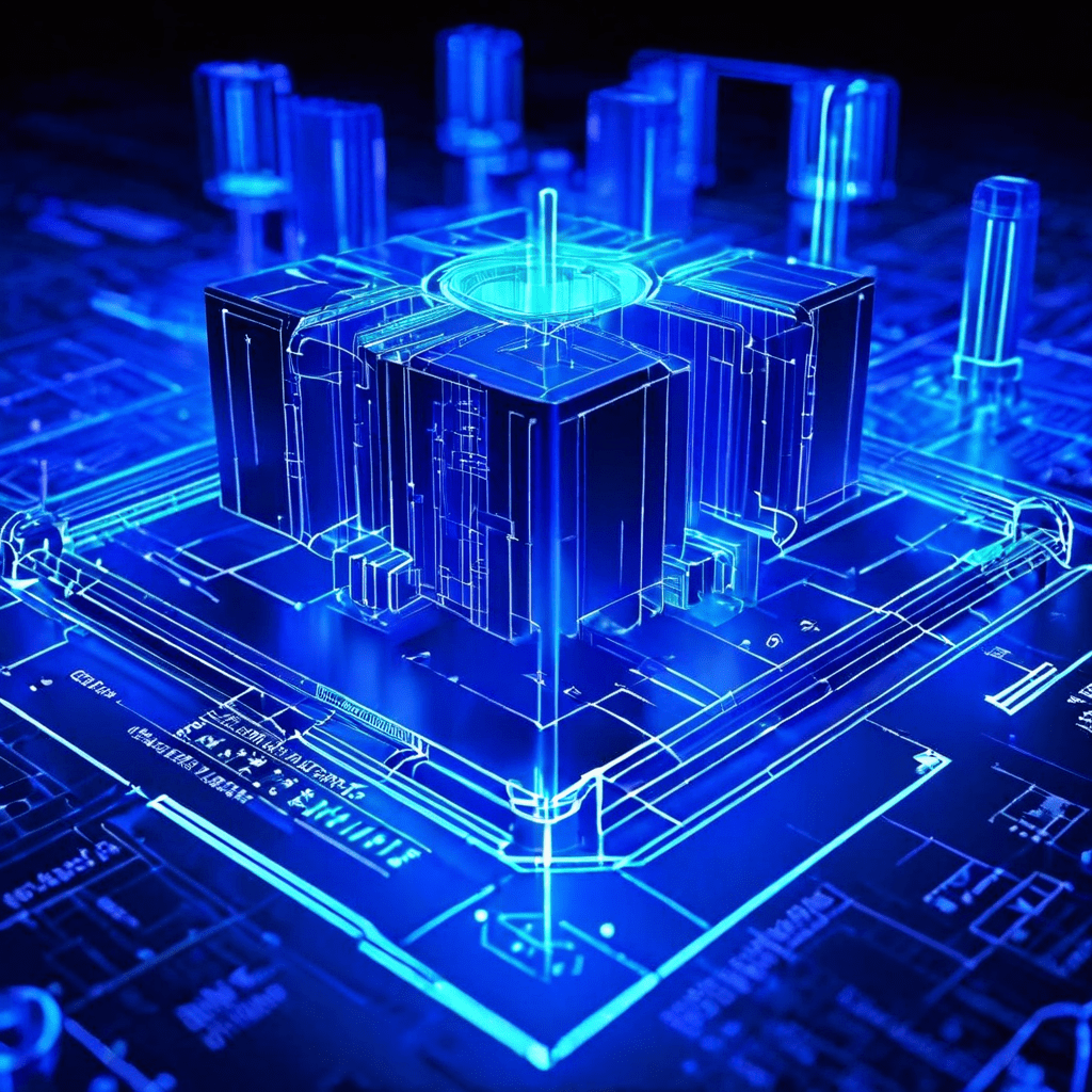 모듈러 설계의 핵심 원리를 상징하는 3D 청사진이 표준화된 구성 요소들로 확장되는 구조를 레이블이 달린 화살표로 명확하게 보여주는 개념도입니다.