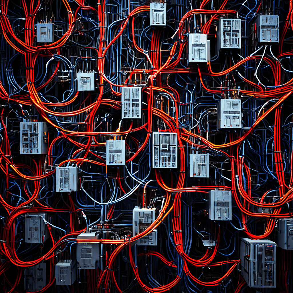 복잡하게 얽힌 다양한 벤더 케이블들이 각각의 식별자와 함께 단일 허브로 정리되어 통합 관리를 상징하는 네트워크 인프라 구조를 묘사한 이미지입니다.