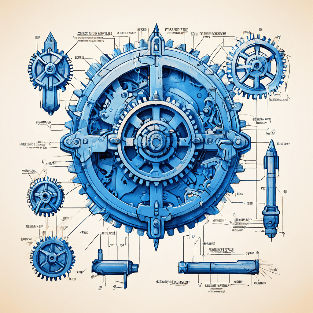 기어 시스템 설계 단계의 청사진으로, 일부 기어는 보안을 상징하는 방패와 자물쇠 형태로 디자인에 통합되어 있습니다.