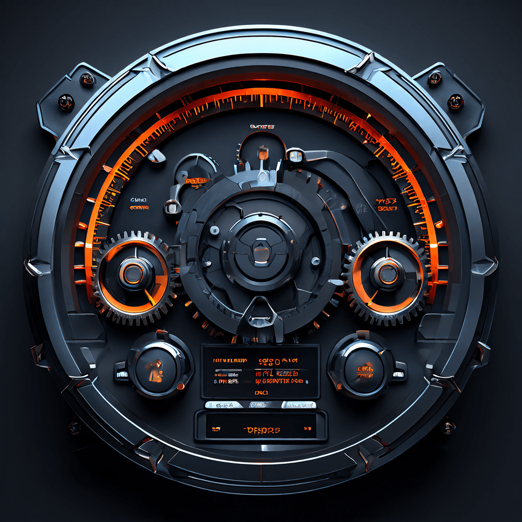 연동된 킥 메커니즘과 눈에 띄는 알림 시스템을 하나의 디지털 대시보드에 통합하여 톱니바퀴와 풀리로 시각화한 첨단 연결 관리 인터페이스를 나타냅니다.