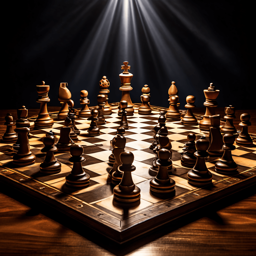 체스판 위에 동일해 보이는 말들 중 하나가 보이지 않는 손의 전략적 그림자에 의해 조종당하는 상황을 표현한 이미지로, 숨겨진 권력과 복잡한 전략적 갈등을 상징합니다.