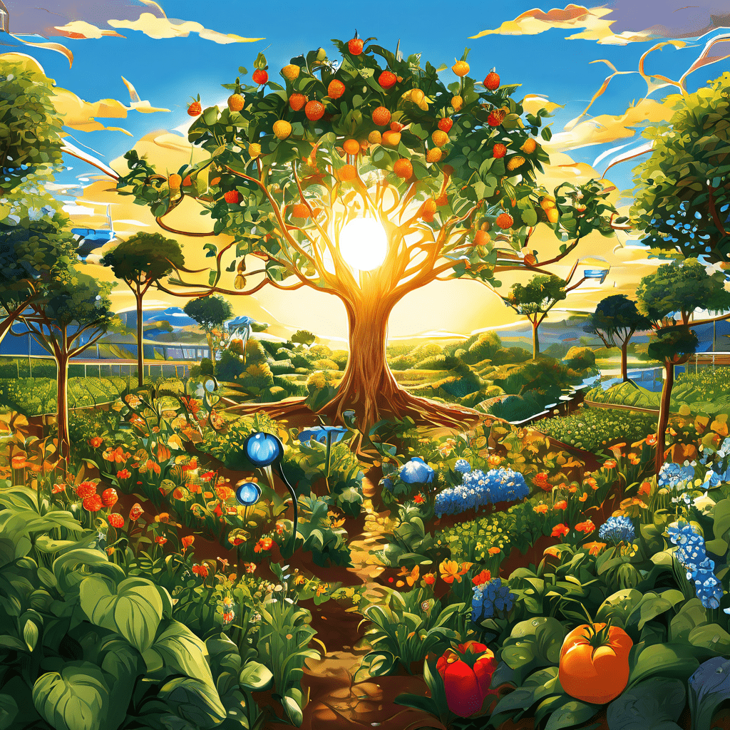 성숙하고 협력적이며 자생력 있는 온라인 커뮤니티를 상징하는 디지털 정원으로, 서로 연결된 뿌리와 다양한 열매를 맺은 식물들, 안정된 태양이 조화를 이루는 풍요로운 모습을 묘사합니다.