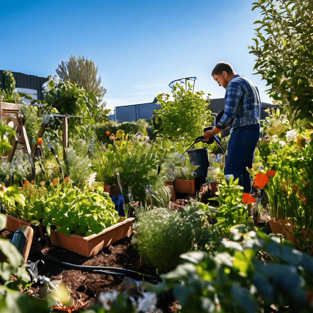 디지털 커뮤니티 가든에서 정원사가 맑은 하늘 아래 건강한 식물에 물을 주며 가지를 정성껏 다듬고 있는 생동감 넘치는 모습을 담은 이미지입니다.