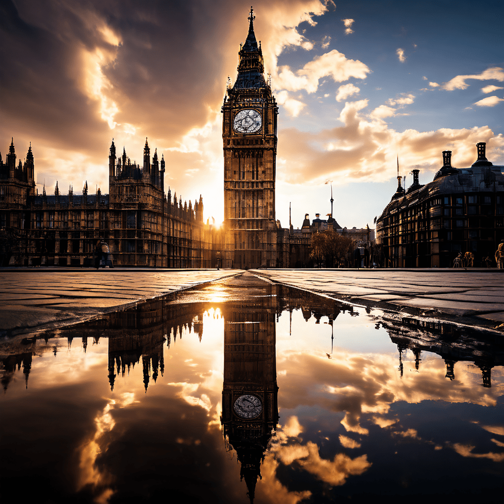 시간의 비대칭성을 상징하는 거대한 시계탑이 실제 모습은 왜곡된 채로 솟아 있고, 그 아래 웅덩이에 비친 반사된 시계탑의 시계만이 각기 다른 시각을 가리키고 있는 초현실적인 풍경을 담은 이미지입니다.