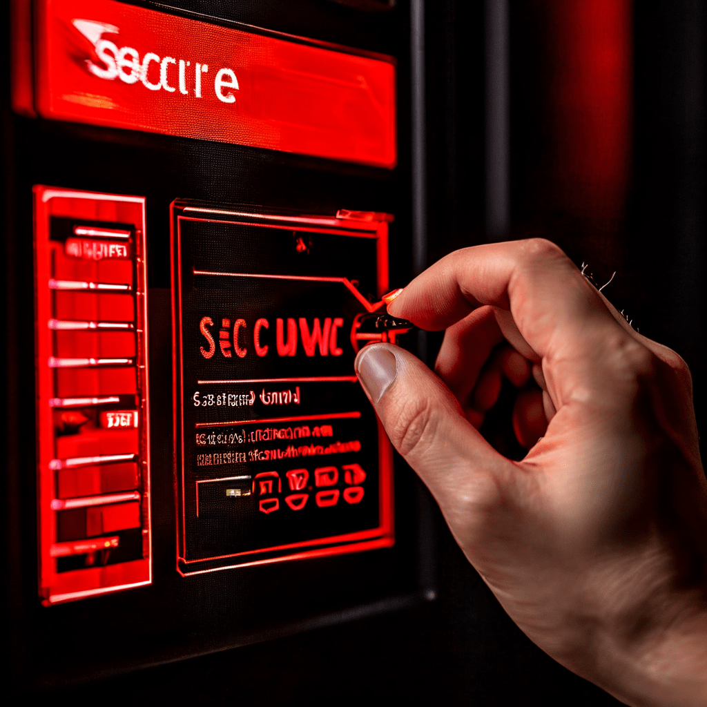 디지털 인터페이스에서 보안의 중요성을 강조하며 방패와 자물쇠 아이콘이 나타나는 가운데, 사용자가 긴급하게 빨간색 '지금 보안 설정' 버튼을 클릭하는 장면을 담은 이미지입니다.