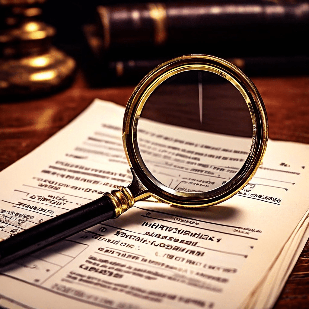 신뢰성 평가 체크리스트 위에 놓인 탐정의 돋보기가 증거, 목격자, 동기 등 핵심 평가 요소를 집중적으로 검토하는 과정을 상징적으로 표현한 이미지입니다.