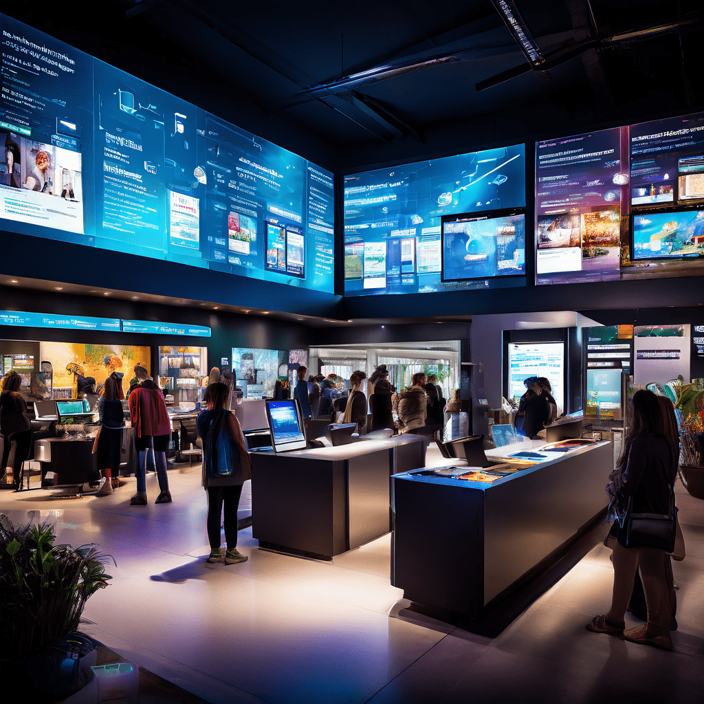 디지털 스크린과 게시판에서 정보를 공유하고 접근하는 다양한 사람들이 모여 활기찬 커뮤니티 허브의 소통과 협력 장면을 담은 이미지입니다.