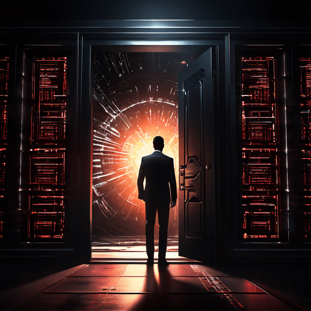 디지털 금고 문이 크게 열려 중요한 데이터 파일이 노출된 상태에서 배경에 그림자 같은 인물이 접근하는 사이버 보안 위협 상황을 묘사한 이미지입니다.