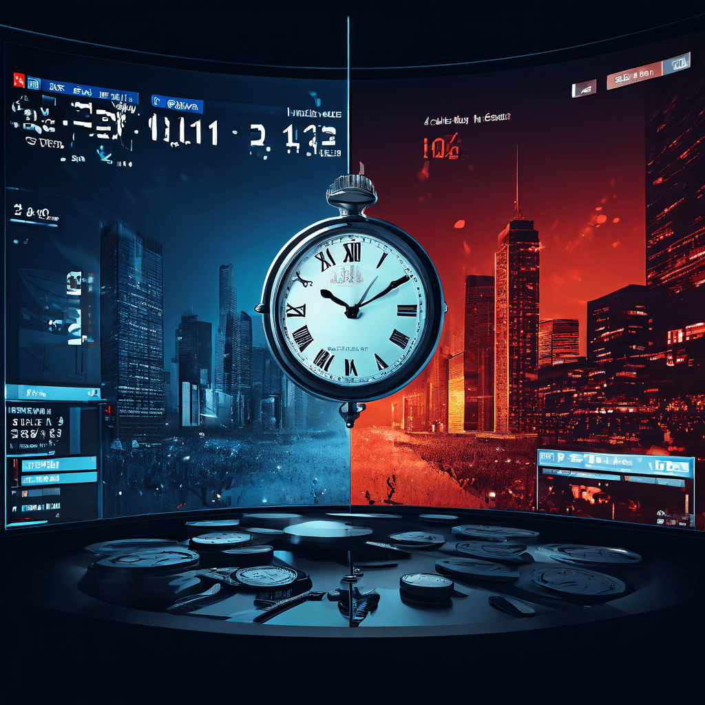 라이브 방송 시계와 실시간 배당금 정보 피드를 나란히 보여주며, 두 시간 데이터 간의 불일치를 가운데 큰 물음표로 강조하고 있는 스플릿 스크린 이미지입니다.