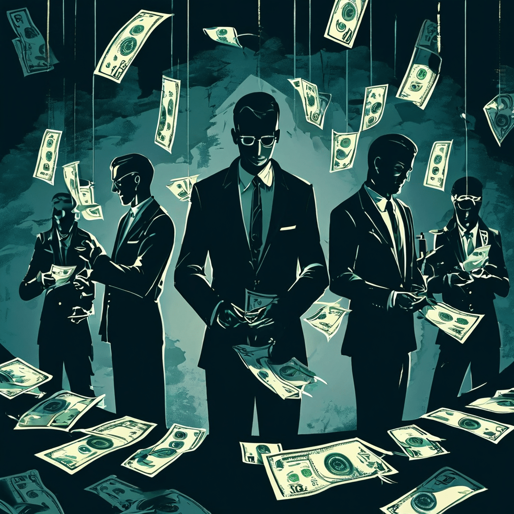 회사 로고를 마리오네트처럼 조종하는 수트 차림의 그림자 같은 인물들이 배후에서 자금과 계약서를 은밀히 움직이는 기업의 부정한 로비 행위를 상징적으로 묘사한 일러스트입니다.