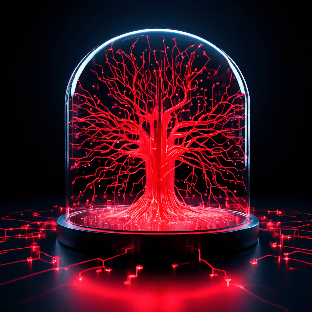 투명한 보호막 안에서 복잡하게 빛나는 신경망이 허위 정보의 붉은 파동을 정밀하게 탐지하고 중화하는 첨단 사이버 보안 시스템을 상징적으로 표현한 이미지입니다.