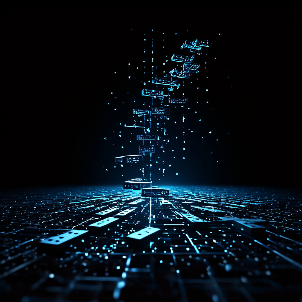 하나의 도미노가 쓰러지며 어두운 연결망 전체로 퍼져나가는 광범위한 연쇄 반응을 개념적으로 표현하여, 디지털 정보의 복구 불가능한 삭제 과정을 상징적으로 보여주는 이미지입니다.