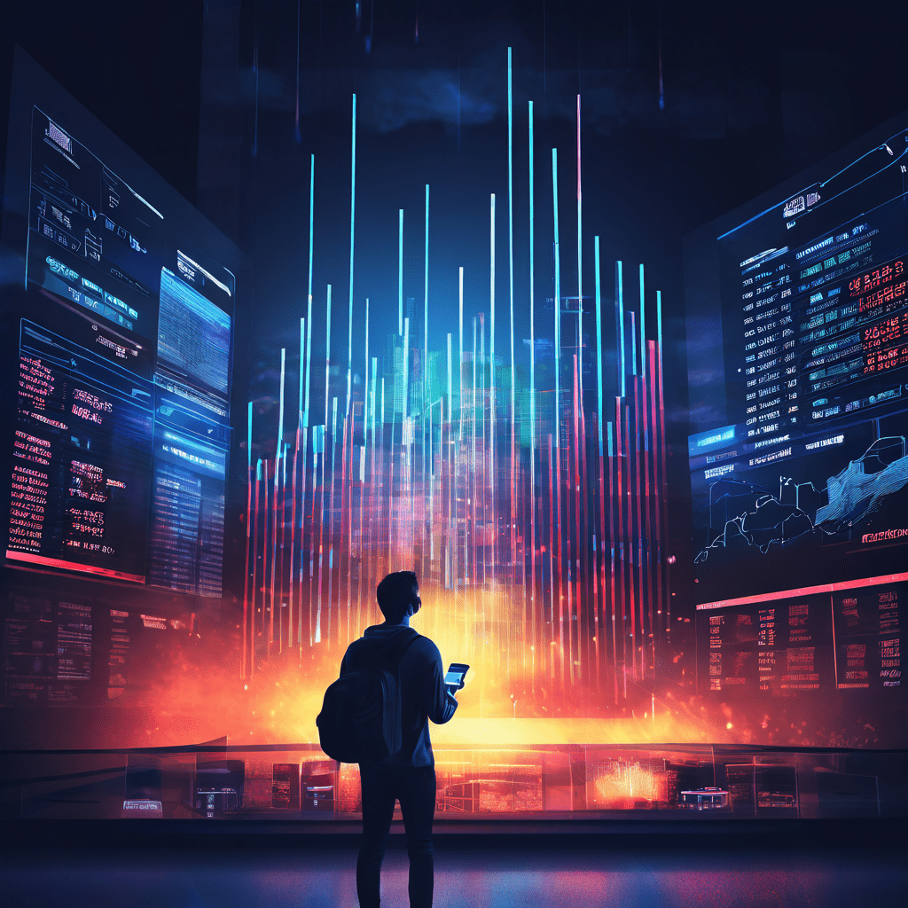 휴대폰으로 고갈된 계좌 잔고를 확인하며 절망하는 사람과 배경의 급등하는 조작된 그래프가 대비되며 재정적 불안감을 시각화한 이미지입니다.