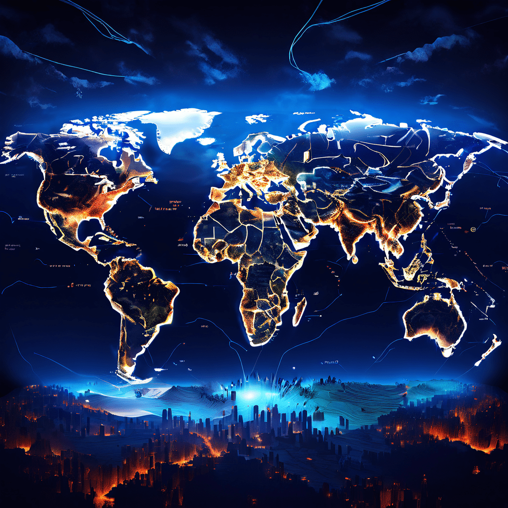 글로벌 데이터 흐름을 한눈에 보여주는 세계 지도로, 대륙 간 실시간 동기화된 데이터 스트림과 낮밤 주기 변화, 지연 발생 지역의 경고 표시를 포함하고 있습니다.