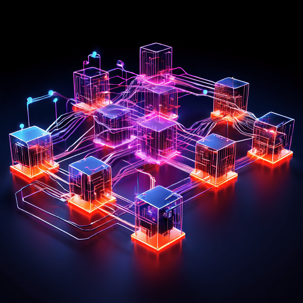 통합 시스템 내에서 상호 연결된 모듈들이 시너지 효과를 내며 데이터가 유기적으로 흐르는 모습을 3D 다이어그램으로 시각화한 이미지입니다.