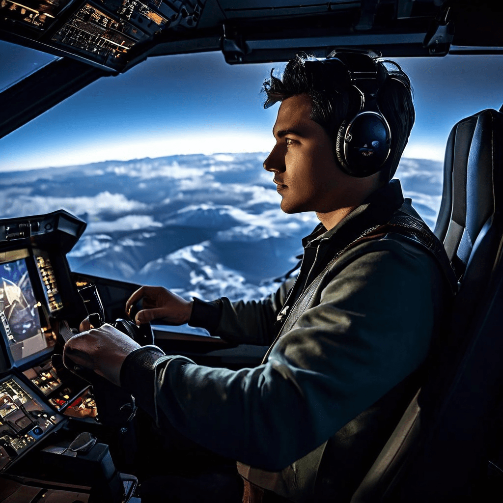 조종사가 고성능 비행 시뮬레이터에서 실제 조종간과 계기판을 집중적으로 조작하며 비행 훈련을 진행하는 모습을 담은 이미지입니다.