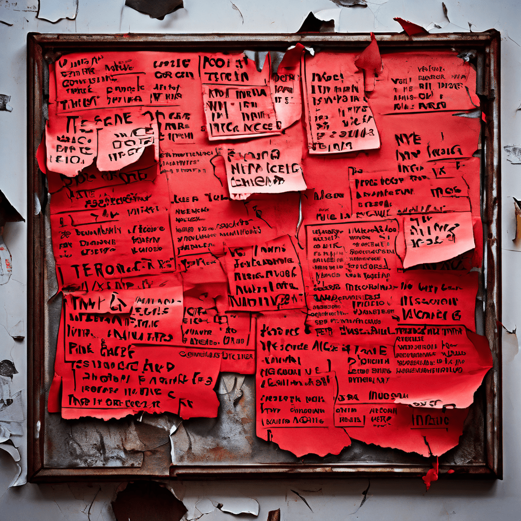 낡고 훼손된 지역사회 게시판에 붙은 공지사항이 벗겨지고 희미해지면서 중요한 정보 위에 커다란 빨간색 물음표가 찍혀 있는 모습을 담은 이미지입니다.