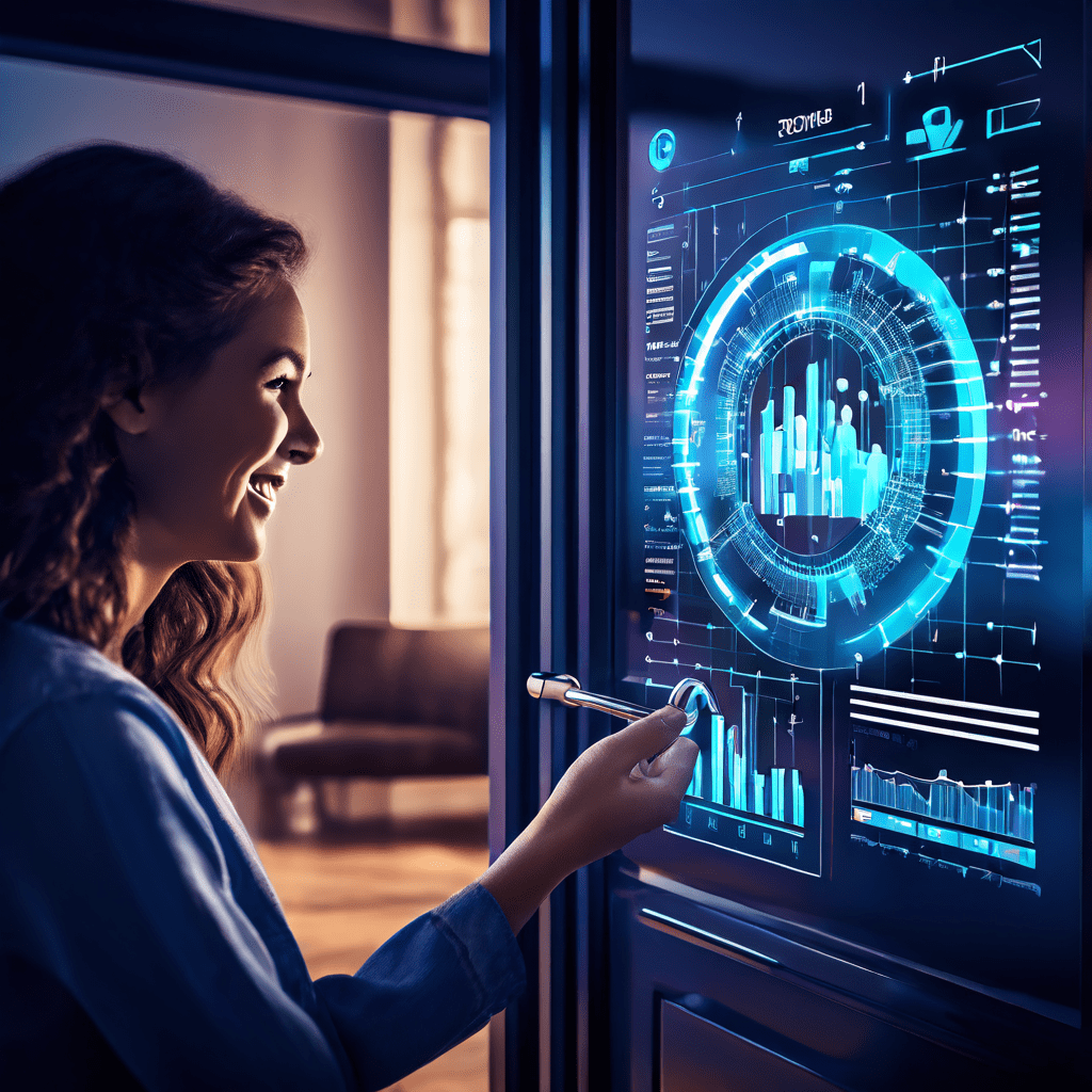 웹사이트 문을 열고 있는 디지털 열쇠와 함께, 내부에 표시된 명확한 데이터 차트를 보며 만족스러워하는 사용자의 모습이 온라인 보안과 성공적인 데이터 접근을 상징적으로 표현합니다.